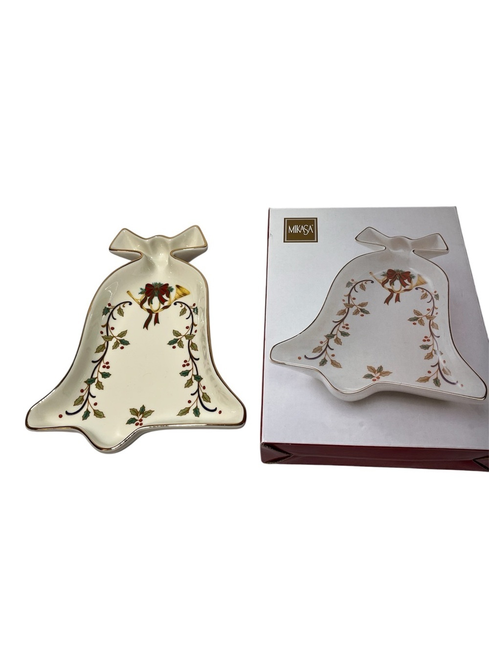 Mikasa Ivory Bell-Shaped Holiday Tray with Gold Trim and Holly Motif. New